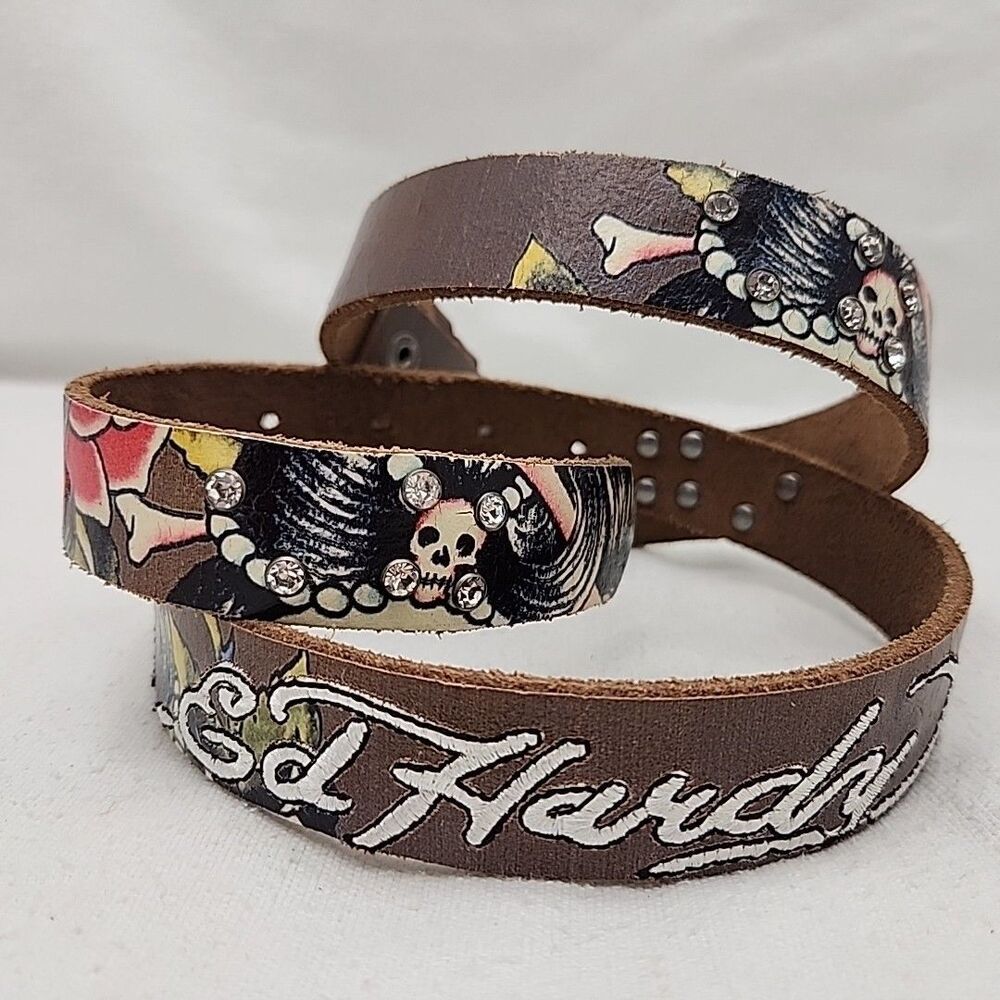 Belt Womens Ed Hardy Geisha Stones Leather M 42.5" Rhinestones EH3111 Vintage
